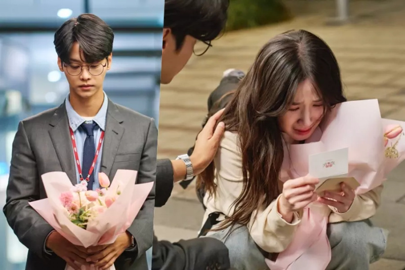 Cha Hak Yeon z VIXX wręcza Park Eun Bin kwiaty, po których wybucha płaczem w „Castaway Diva”