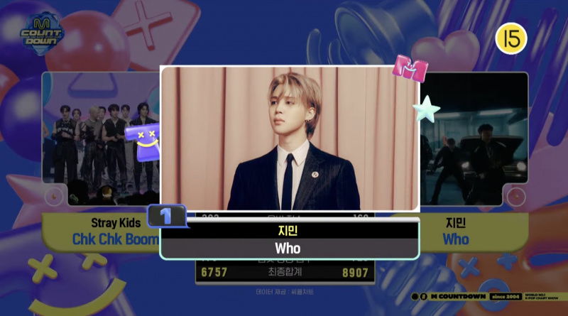 보기: 방탄소년단 지민이 '엠카운트다운'에서 'Who'로 1위를 차지했습니다. Stray Kids, GOT7 뱀뱀 등의 공연